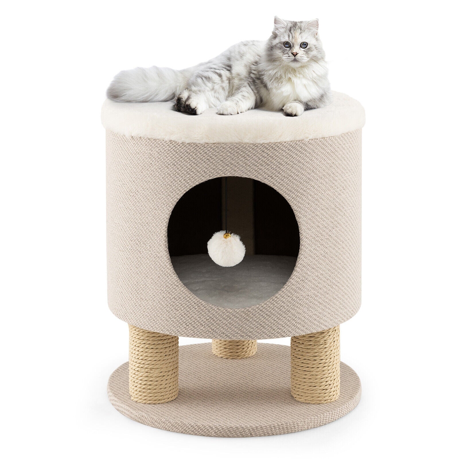 3-in-1 Cat Condo Stool Kitty Bed with Scratching Posts and Plush Ball Toy, Beige