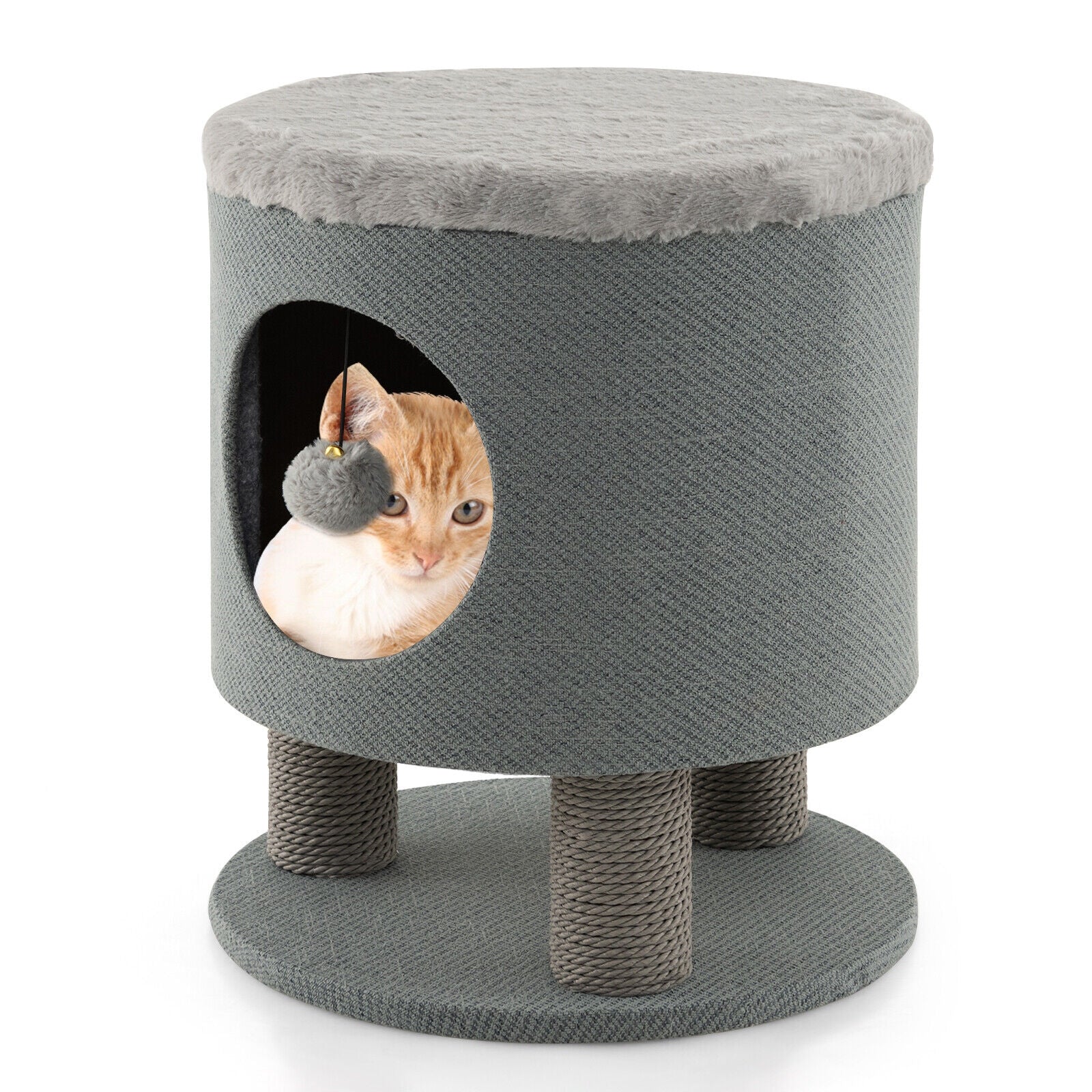 3-in-1 Cat Condo Stool Kitty Bed with Scratching Posts and Plush Ball Toy, Gray Cat Trees Condos & Scratchers   at Gallery Canada