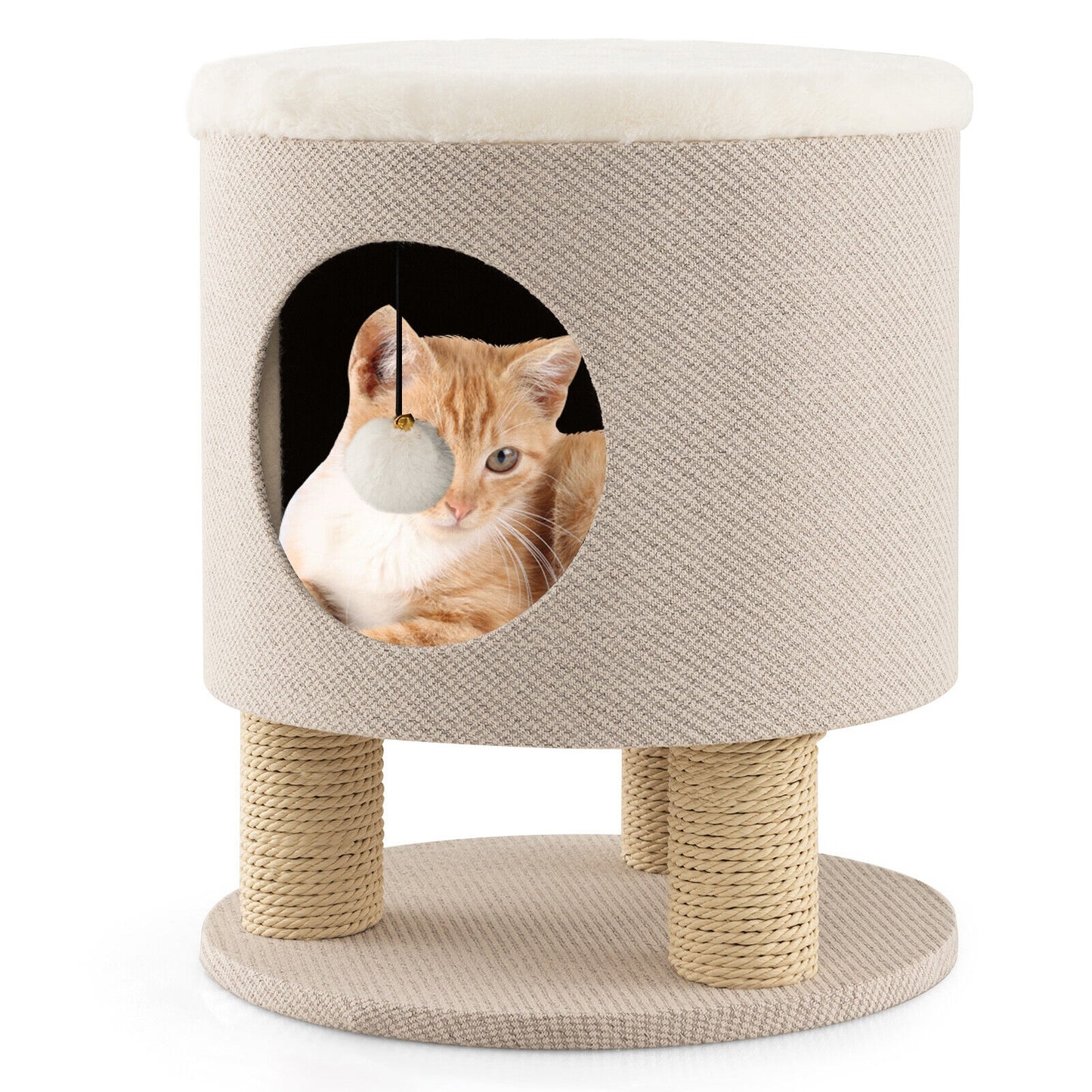 3-in-1 Cat Condo Stool Kitty Bed with Scratching Posts and Plush Ball Toy, Beige Cat Trees Condos & Scratchers   at Gallery Canada