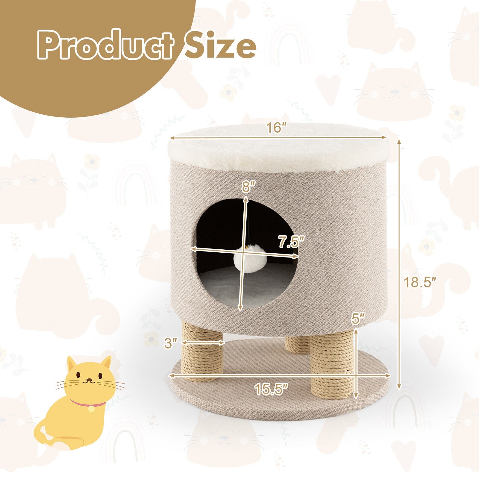 3-in-1 Cat Condo Stool Kitty Bed with Scratching Posts and Plush Ball Toy, Beige Cat Trees Condos & Scratchers   at Gallery Canada