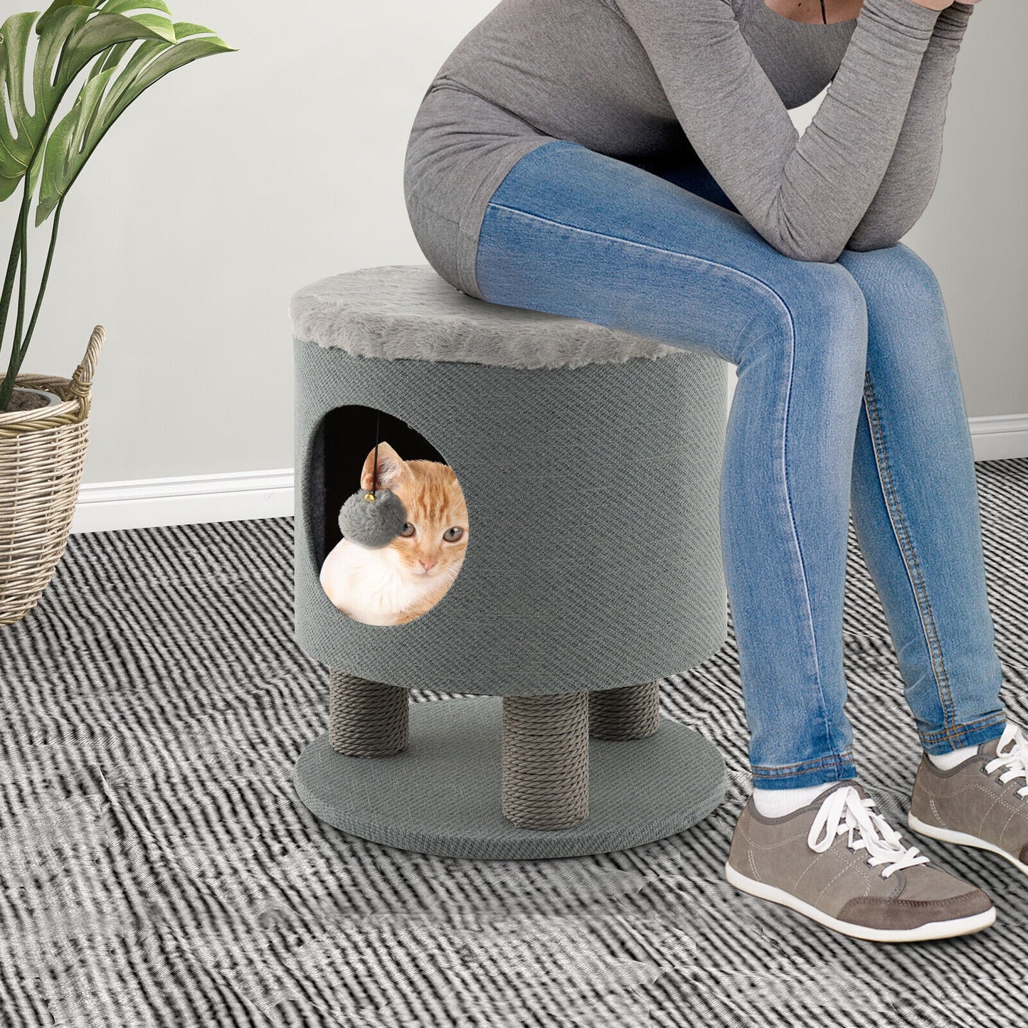 3-in-1 Cat Condo Stool Kitty Bed with Scratching Posts and Plush Ball Toy, Gray Cat Trees Condos & Scratchers   at Gallery Canada