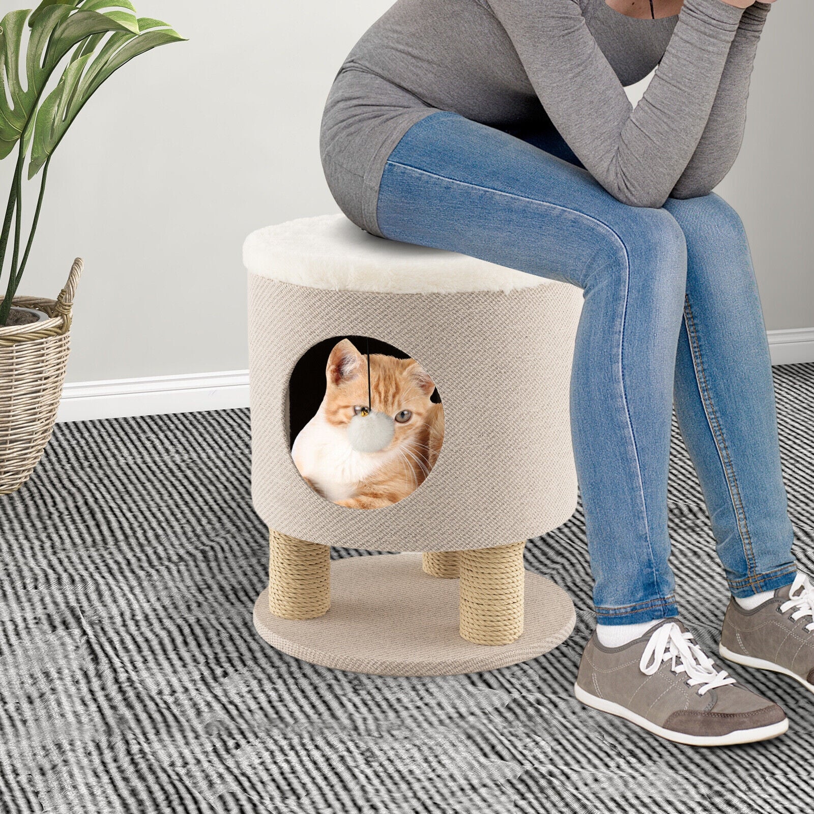 3-in-1 Cat Condo Stool Kitty Bed with Scratching Posts and Plush Ball Toy, Beige Cat Trees Condos & Scratchers   at Gallery Canada