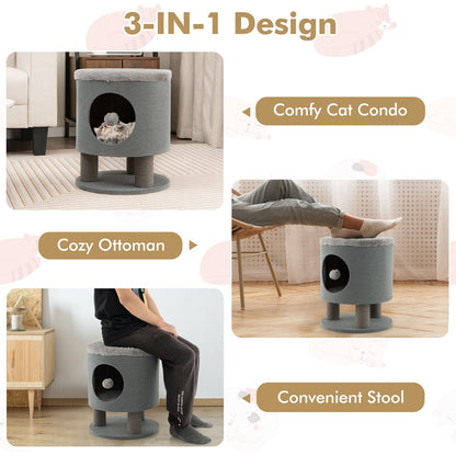 3-in-1 Cat Condo Stool Kitty Bed with Scratching Posts and Plush Ball Toy, Gray Cat Trees Condos & Scratchers   at Gallery Canada