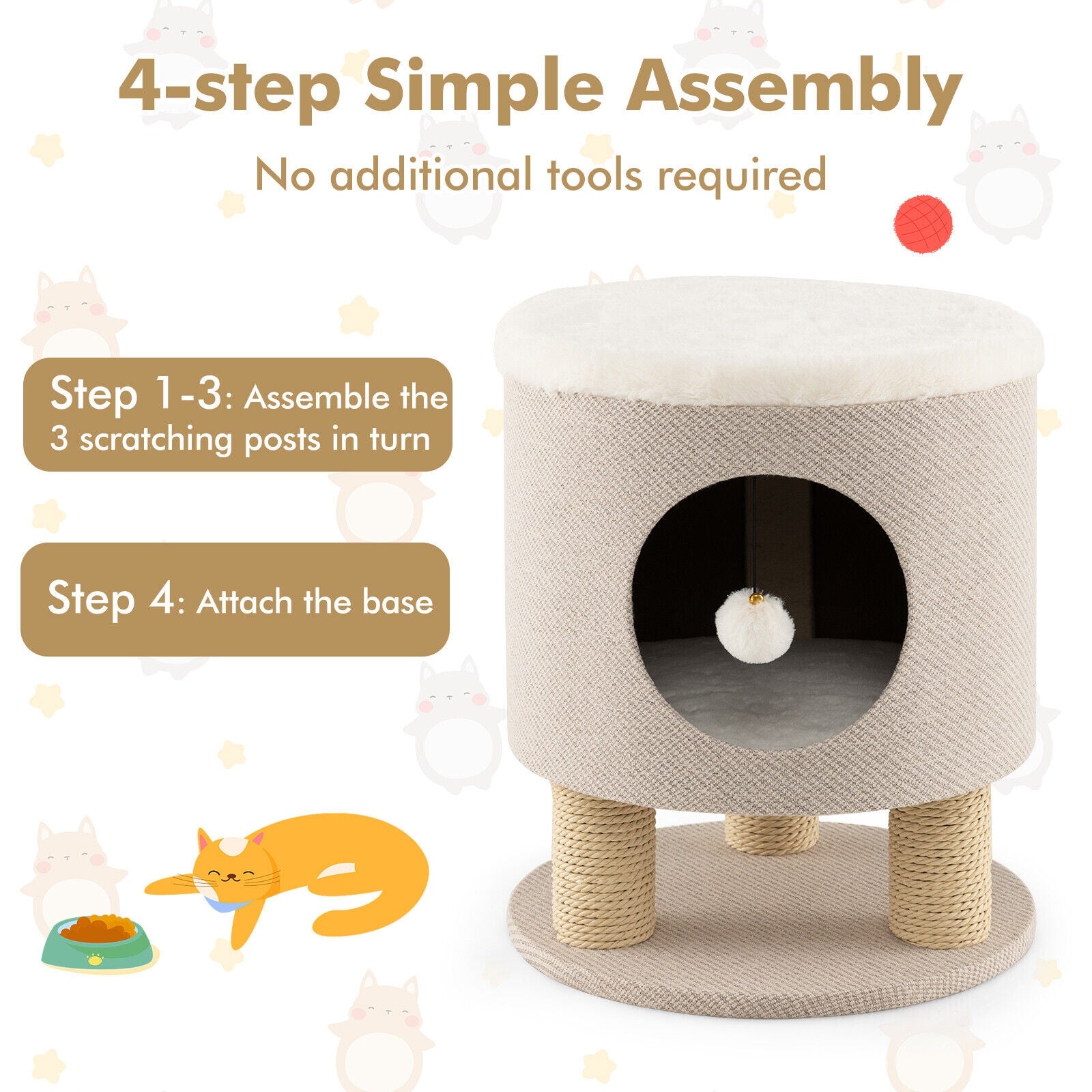 3-in-1 Cat Condo Stool Kitty Bed with Scratching Posts and Plush Ball Toy, Beige Cat Trees Condos & Scratchers   at Gallery Canada