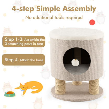 3-in-1 Cat Condo Stool Kitty Bed with Scratching Posts and Plush Ball Toy, Beige Cat Trees Condos & Scratchers   at Gallery Canada