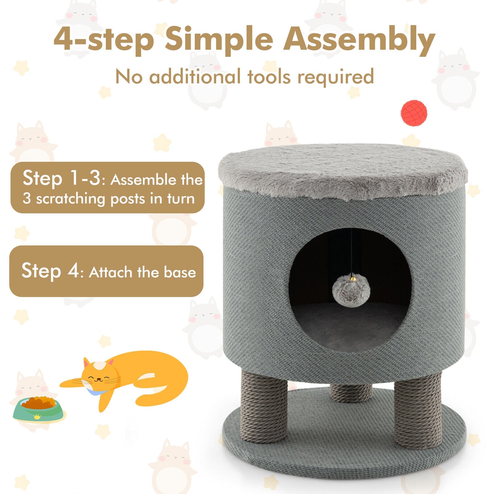 3-in-1 Cat Condo Stool Kitty Bed with Scratching Posts and Plush Ball Toy, Gray Cat Trees Condos & Scratchers   at Gallery Canada