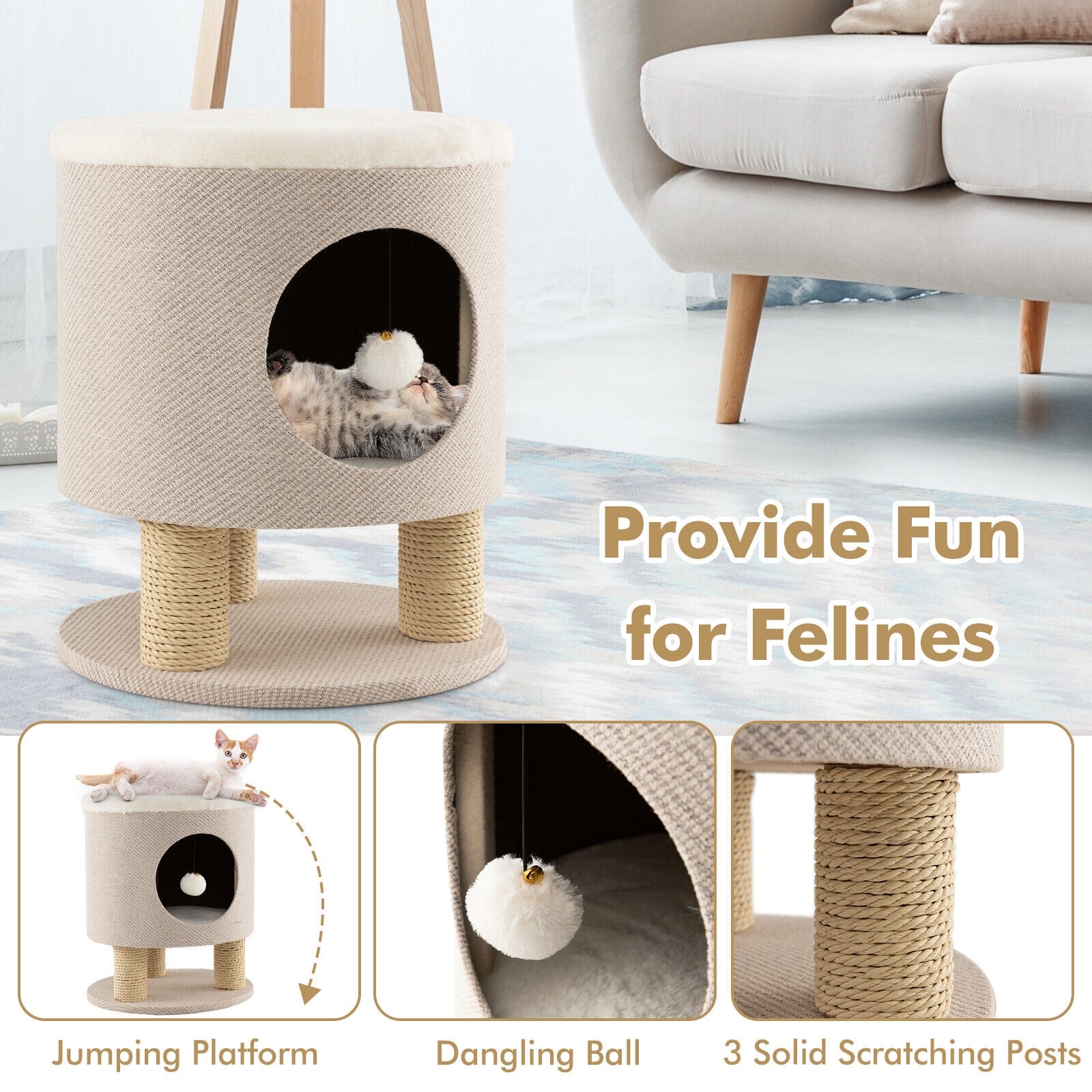 3-in-1 Cat Condo Stool Kitty Bed with Scratching Posts and Plush Ball Toy, Beige Cat Trees Condos & Scratchers   at Gallery Canada