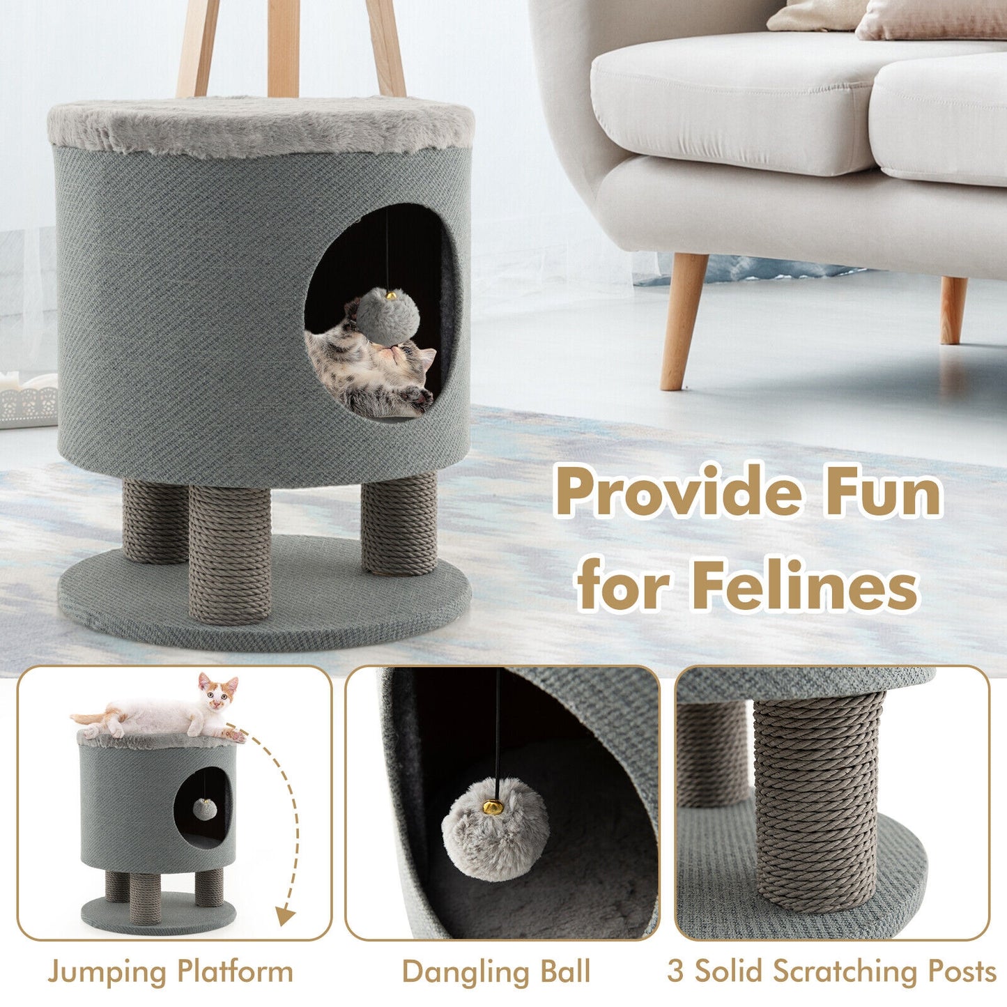 3-in-1 Cat Condo Stool Kitty Bed with Scratching Posts and Plush Ball Toy, Gray Cat Trees Condos & Scratchers   at Gallery Canada