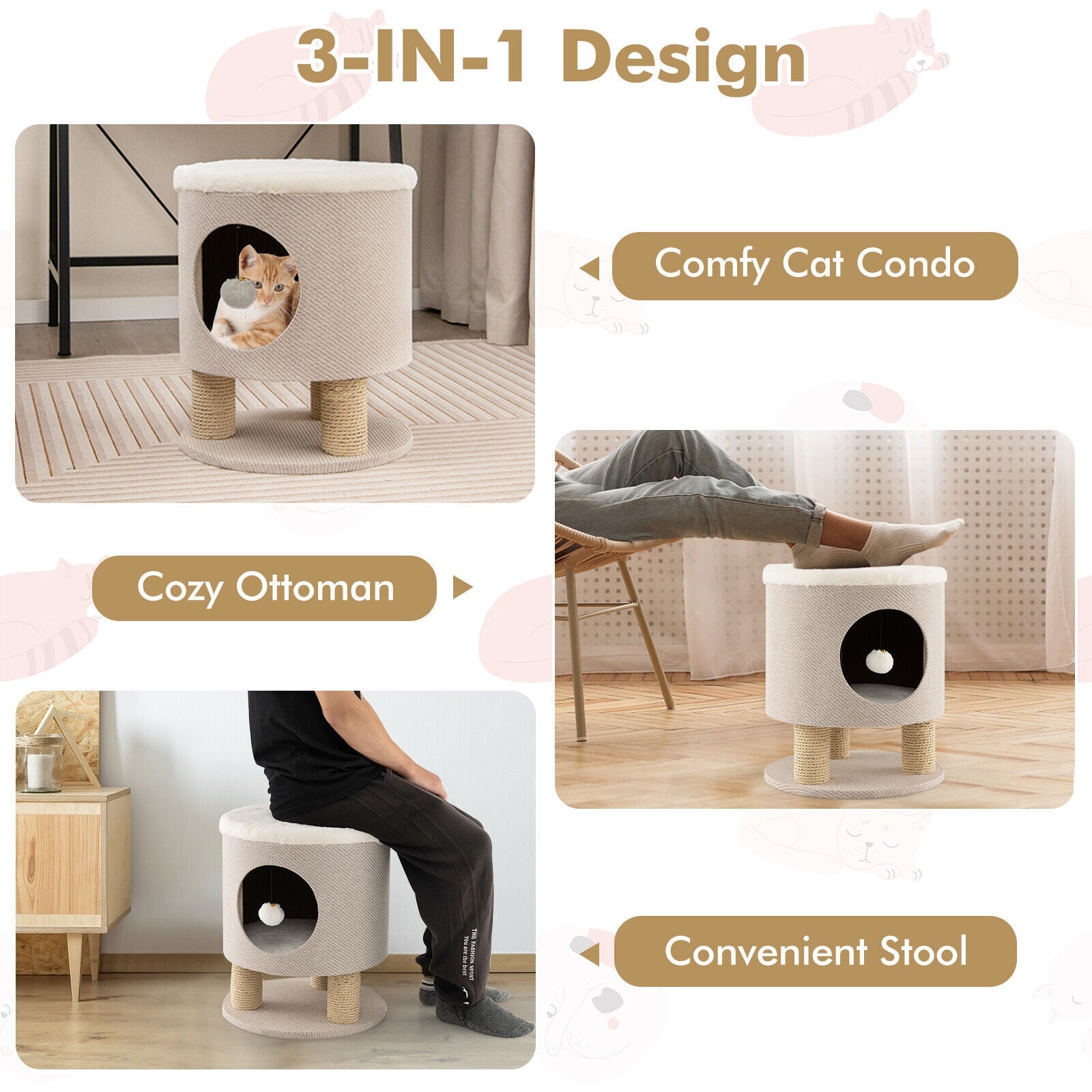 3-in-1 Cat Condo Stool Kitty Bed with Scratching Posts and Plush Ball Toy, Beige Cat Trees Condos & Scratchers   at Gallery Canada