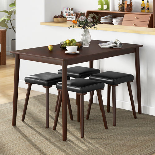 5 Piece Dining Table Set for 4 with 4 Upholstered Stools and Rubber Wood Legs, Brown