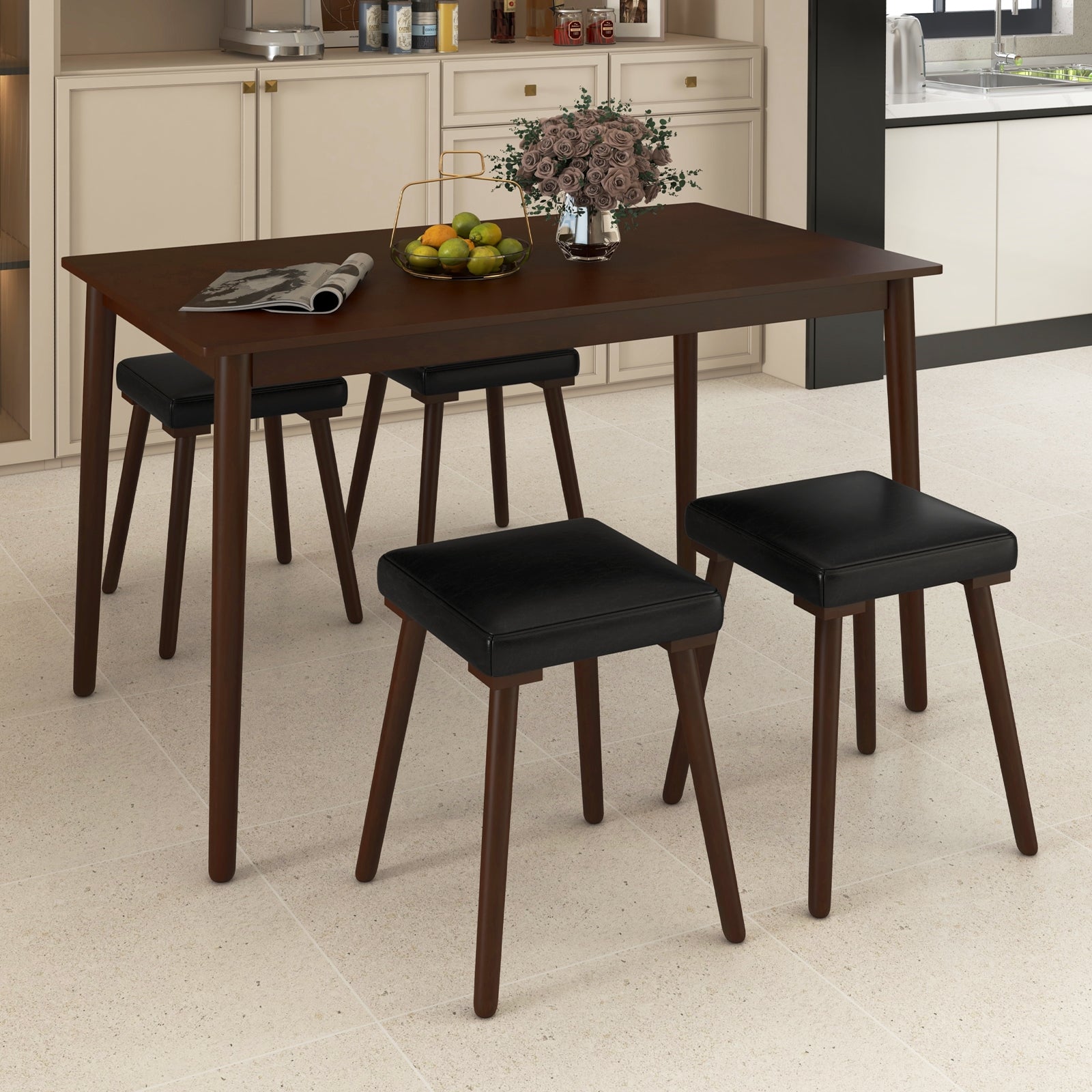 5 Piece Dining Table Set for 4 with 4 Upholstered Stools and Rubber Wood Legs, Brown Dining Room Sets at Gallery Canada