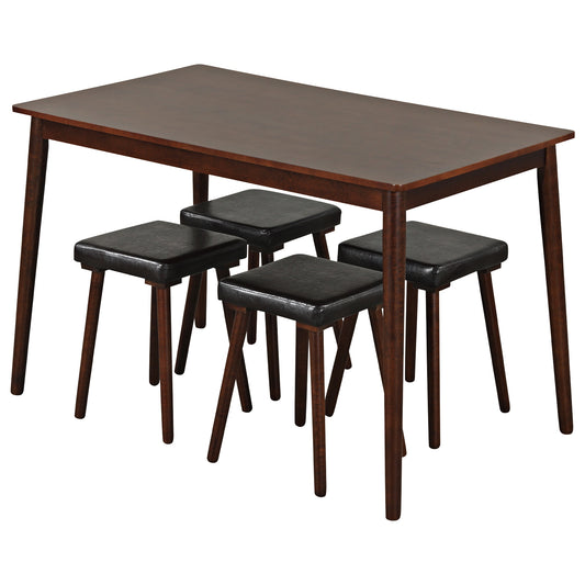 5 Piece Dining Table Set for 4 with 4 Upholstered Stools and Rubber Wood Legs, Brown - Gallery Canada