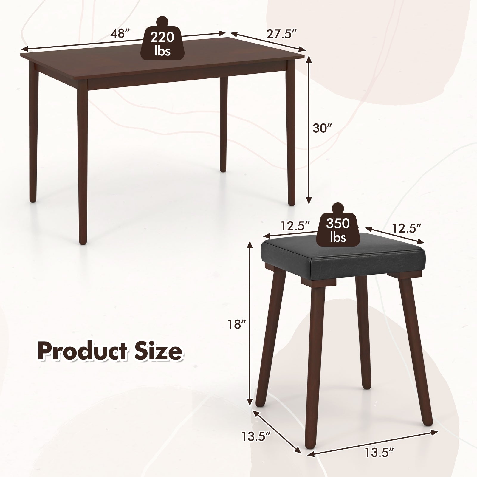 5 Piece Dining Table Set for 4 with 4 Upholstered Stools and Rubber Wood Legs, Brown Dining Room Sets at Gallery Canada