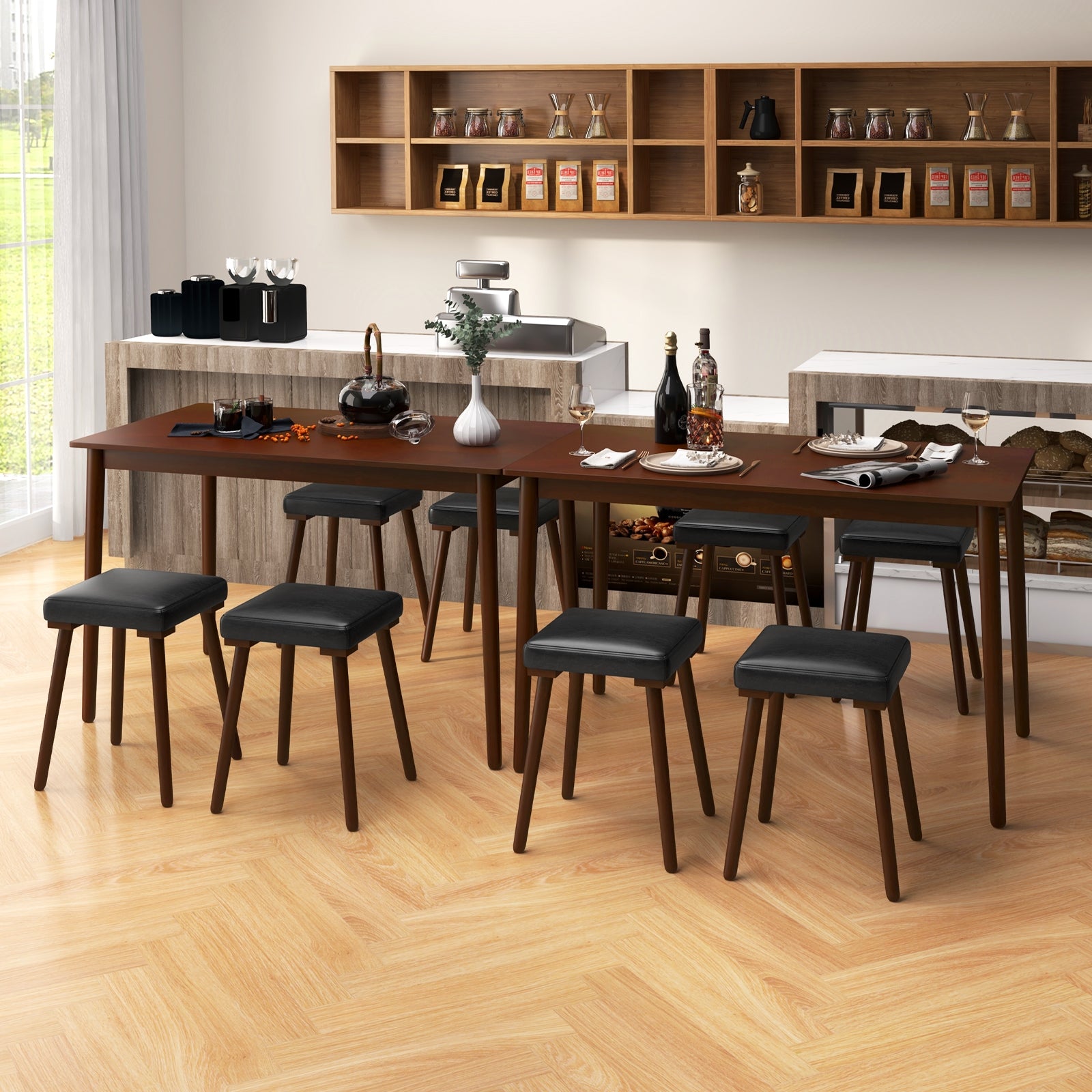 5 Piece Dining Table Set for 4 with 4 Upholstered Stools and Rubber Wood Legs, Brown Dining Room Sets at Gallery Canada