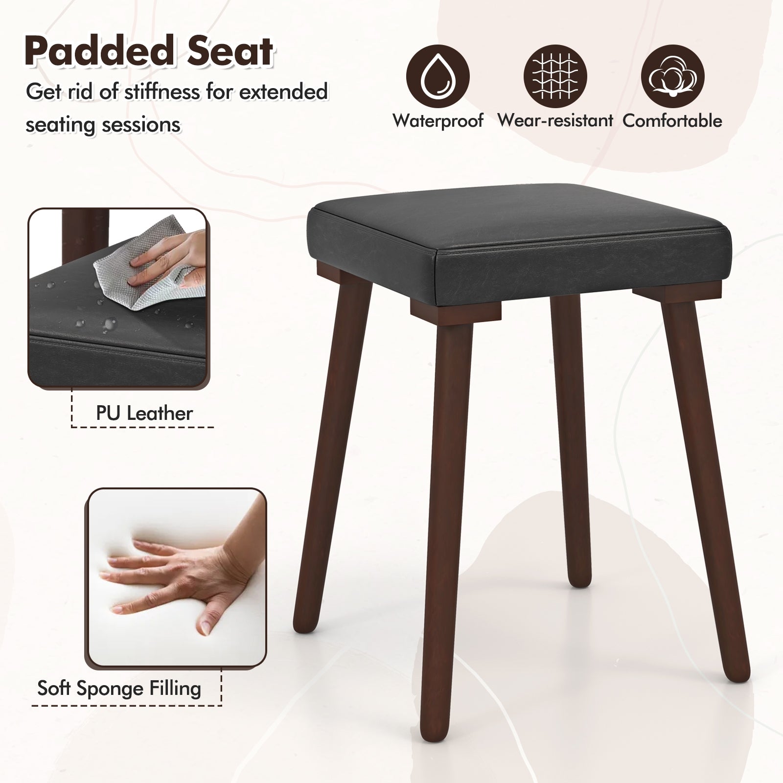 5 Piece Dining Table Set for 4 with 4 Upholstered Stools and Rubber Wood Legs, Brown Dining Room Sets at Gallery Canada