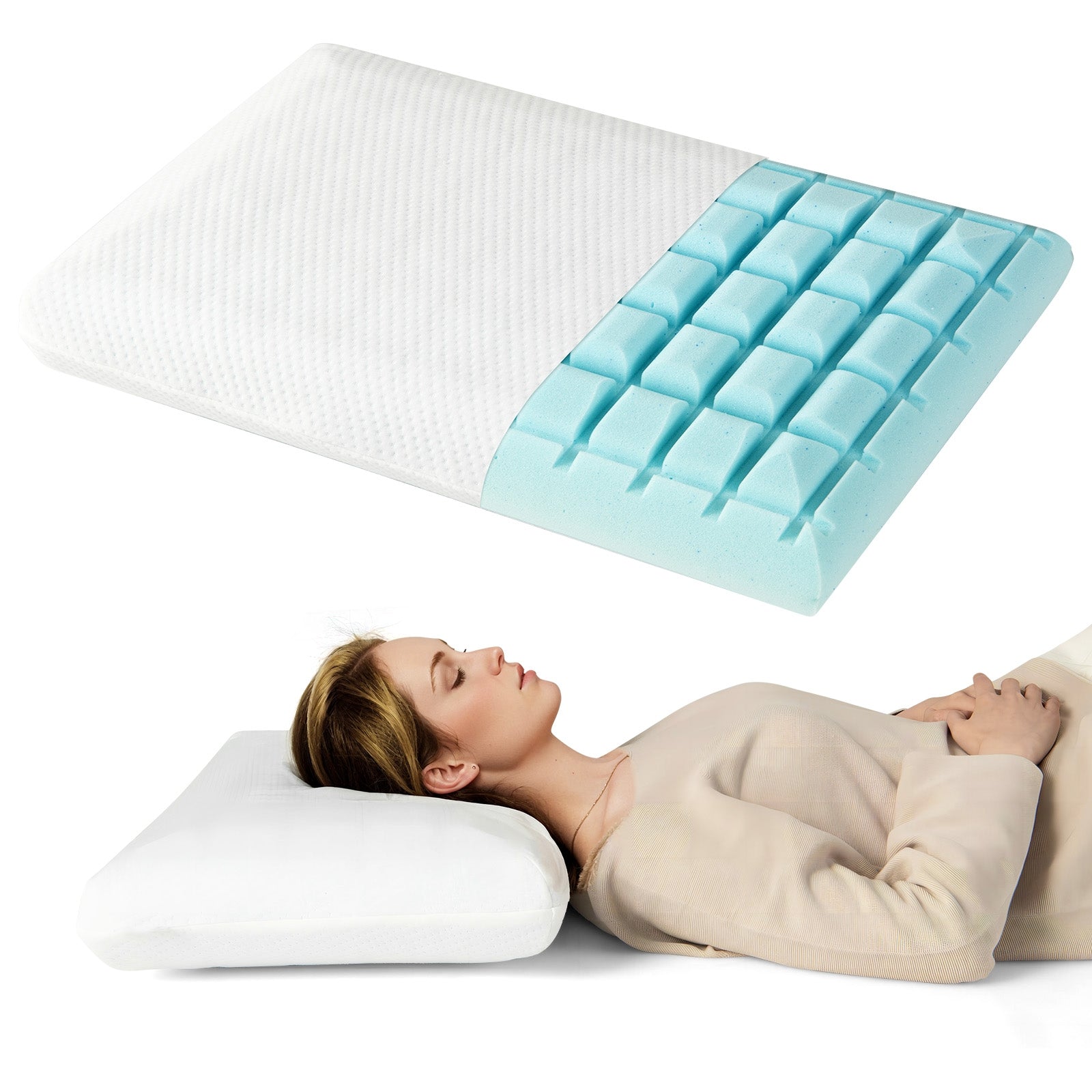 Set of 2 Gel Memory Foam Pillow 3D Cutting Air Flow Cooling Pillows with Pillowcase, White - Gallery Canada