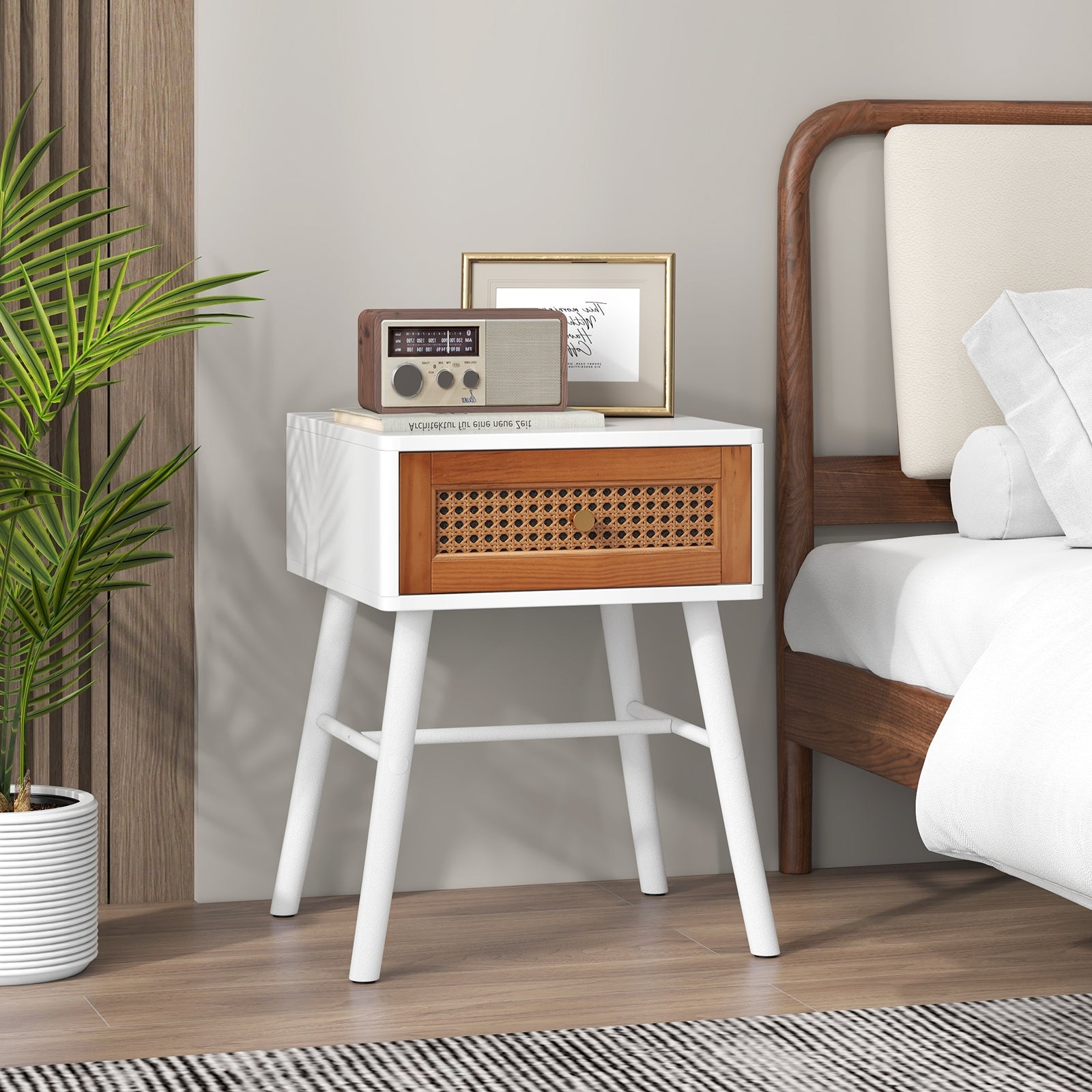 Rattan Nightstand Mid Century Modern Accent Table with Drawer, White Nightstands   at Gallery Canada