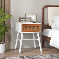 Rattan Nightstand Mid Century Modern Accent Table with Drawer, White - Gallery Canada