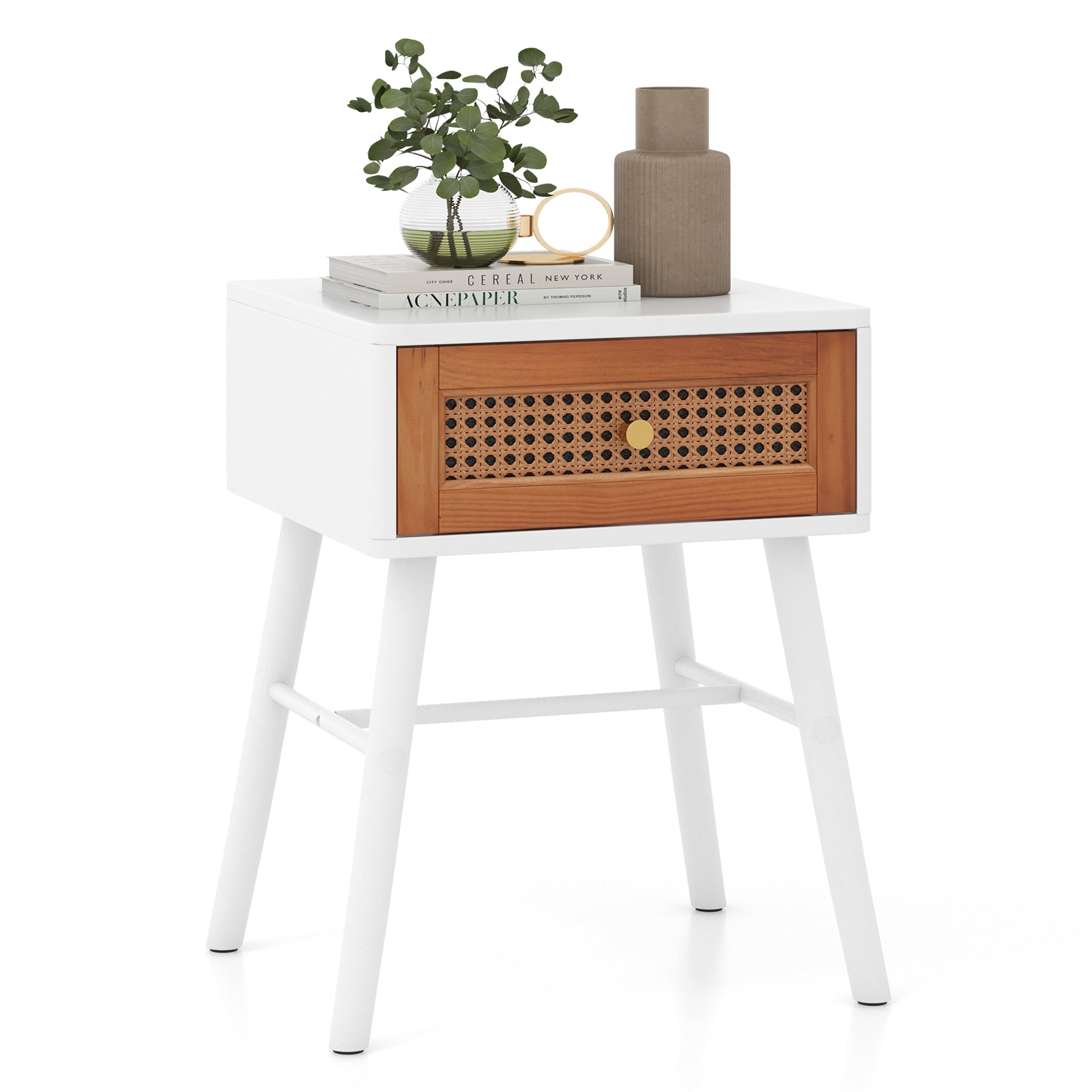 Rattan Nightstand Mid Century Modern Accent Table with Drawer, White Nightstands White  at Gallery Canada