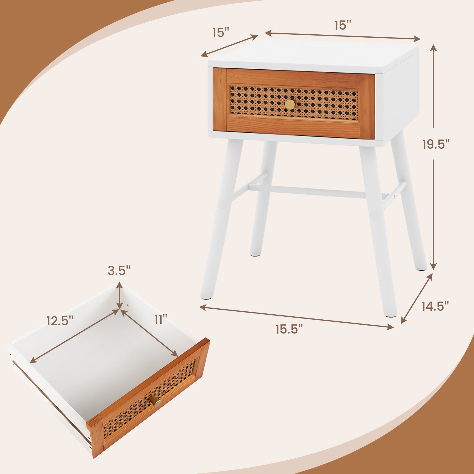 Rattan Nightstand Mid Century Modern Accent Table with Drawer, White Nightstands   at Gallery Canada