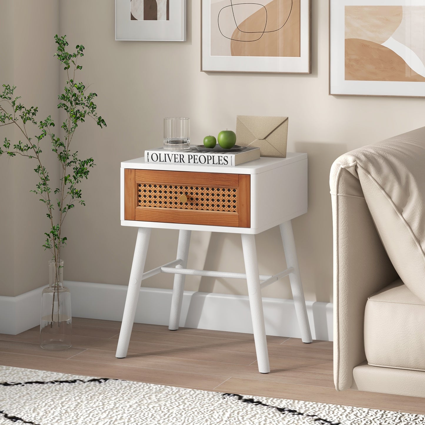 Rattan Nightstand Mid Century Modern Accent Table with Drawer, White Nightstands   at Gallery Canada