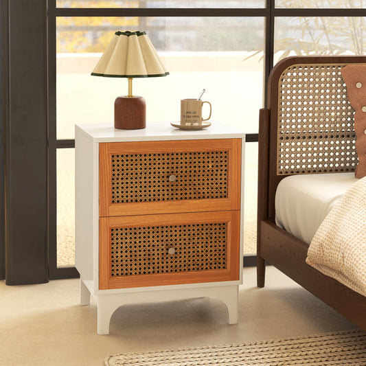 Boho Accent Table Nightstand with 2 Handwoven Rattan Decorated Drawers, White - Gallery Canada