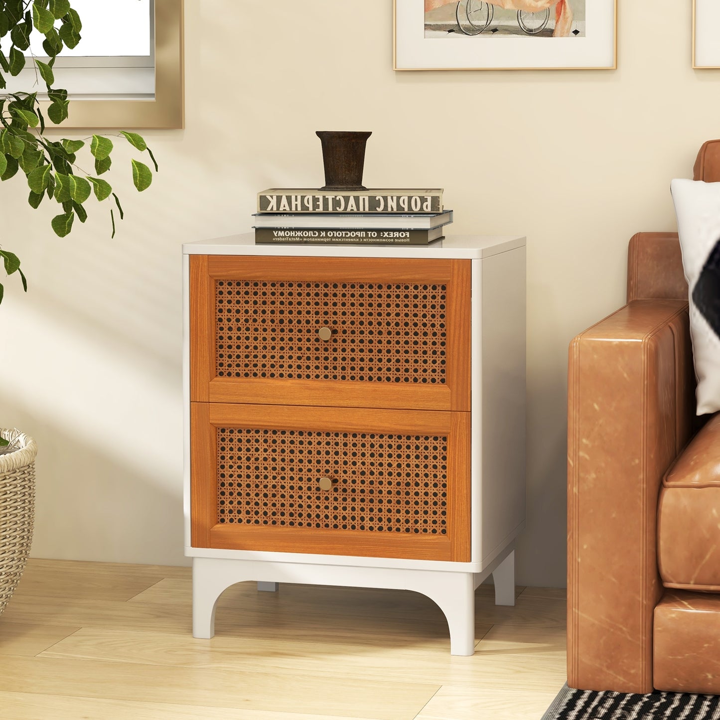 Boho Accent Table Nightstand with 2 Handwoven Rattan Decorated Drawers, White Nightstands   at Gallery Canada