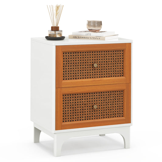 Boho Accent Table Nightstand with 2 Handwoven Rattan Decorated Drawers, White Nightstands White  at Gallery Canada