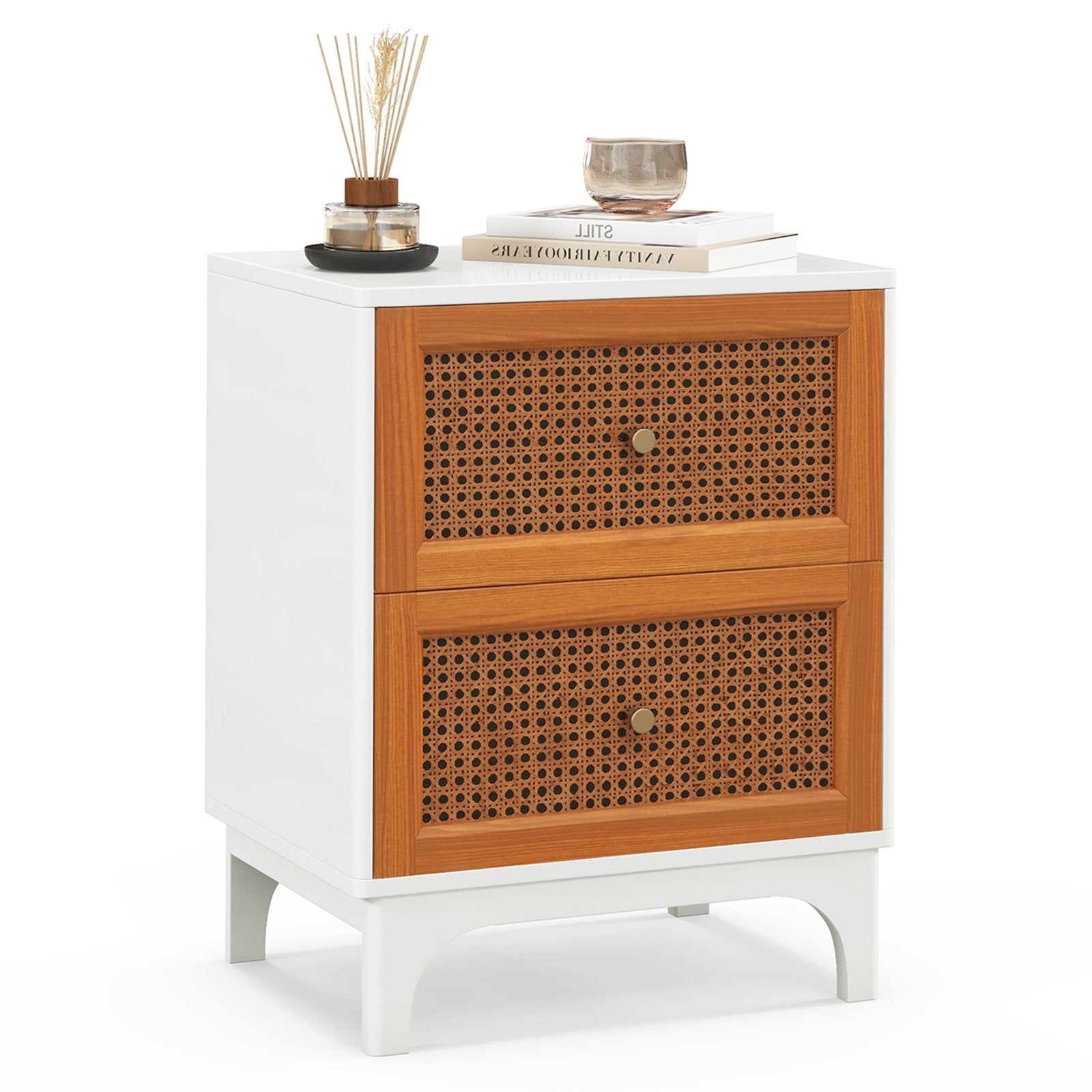 Boho Accent Table Nightstand with 2 Handwoven Rattan Decorated Drawers, White Nightstands White at Gallery Canada