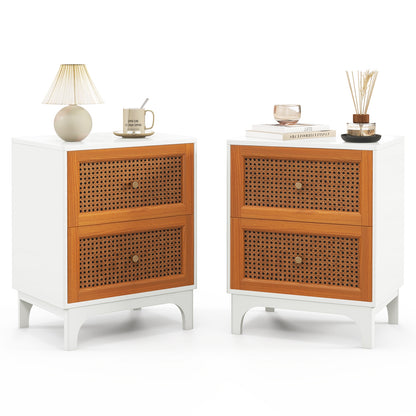 Boho Accent Table Nightstand with 2 Handwoven Rattan Decorated Drawers, White Nightstands   at Gallery Canada