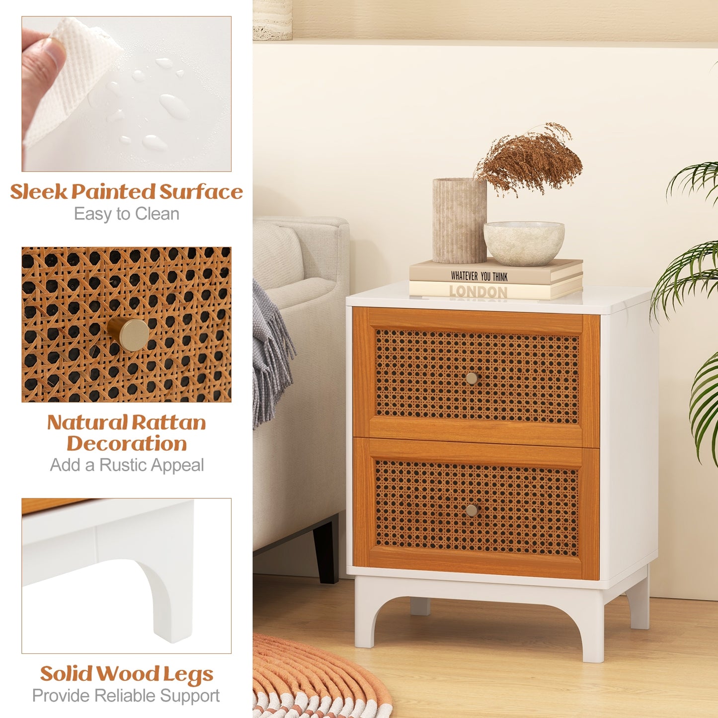 Boho Accent Table Nightstand with 2 Handwoven Rattan Decorated Drawers, White Nightstands   at Gallery Canada