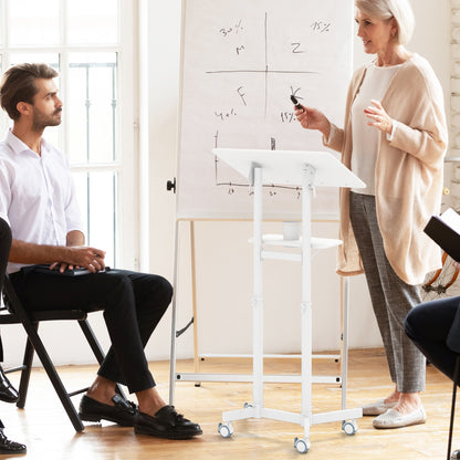 Mobile Lectern Podium Height-adjustable Rolling Laptop Cart with Tilting Top Storage Tray, White Laptop Tables & Printer Stands   at Gallery Canada