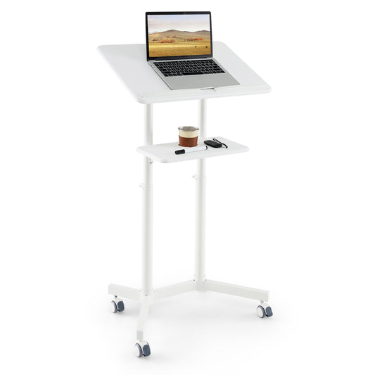 Mobile Lectern Podium Height-adjustable Rolling Laptop Cart with Tilting Top Storage Tray, White - Gallery Canada