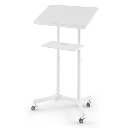 Mobile Lectern Podium Height-adjustable Rolling Laptop Cart with Tilting Top Storage Tray, White Laptop Tables & Printer Stands   at Gallery Canada