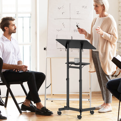 Mobile Lectern Podium Height-adjustable Rolling Laptop Cart with Tilting Top Storage Tray, Black Laptop Tables & Printer Stands   at Gallery Canada