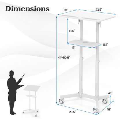 Mobile Lectern Podium Height-adjustable Rolling Laptop Cart with Tilting Top Storage Tray, White Laptop Tables & Printer Stands   at Gallery Canada