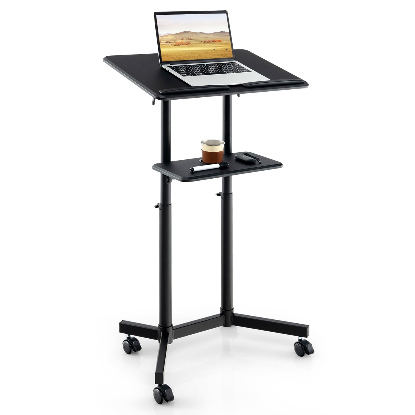 Mobile Lectern Podium Height-adjustable Rolling Laptop Cart with Tilting Top Storage Tray, Black Laptop Tables & Printer Stands Black  at Gallery Canada