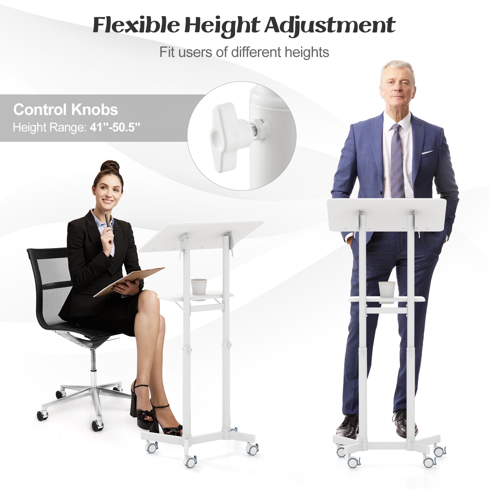 Mobile Lectern Podium Height-adjustable Rolling Laptop Cart with Tilting Top Storage Tray, White Laptop Tables & Printer Stands   at Gallery Canada