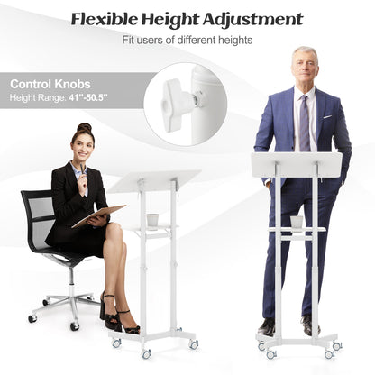 Mobile Lectern Podium Height-adjustable Rolling Laptop Cart with Tilting Top Storage Tray, White Laptop Tables & Printer Stands   at Gallery Canada