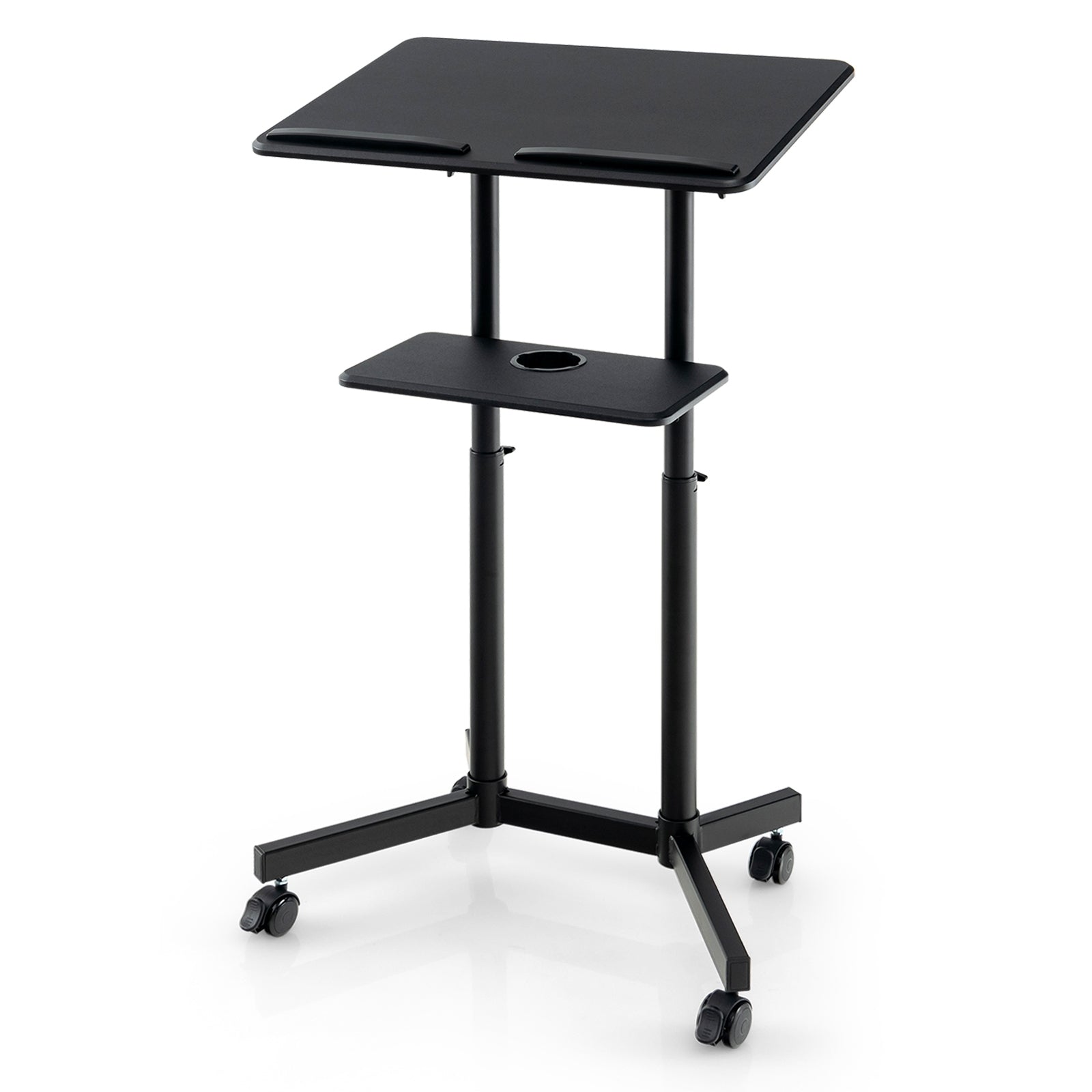 Mobile Lectern Podium Height-adjustable Rolling Laptop Cart with Tilting Top Storage Tray, Black Laptop Tables & Printer Stands   at Gallery Canada