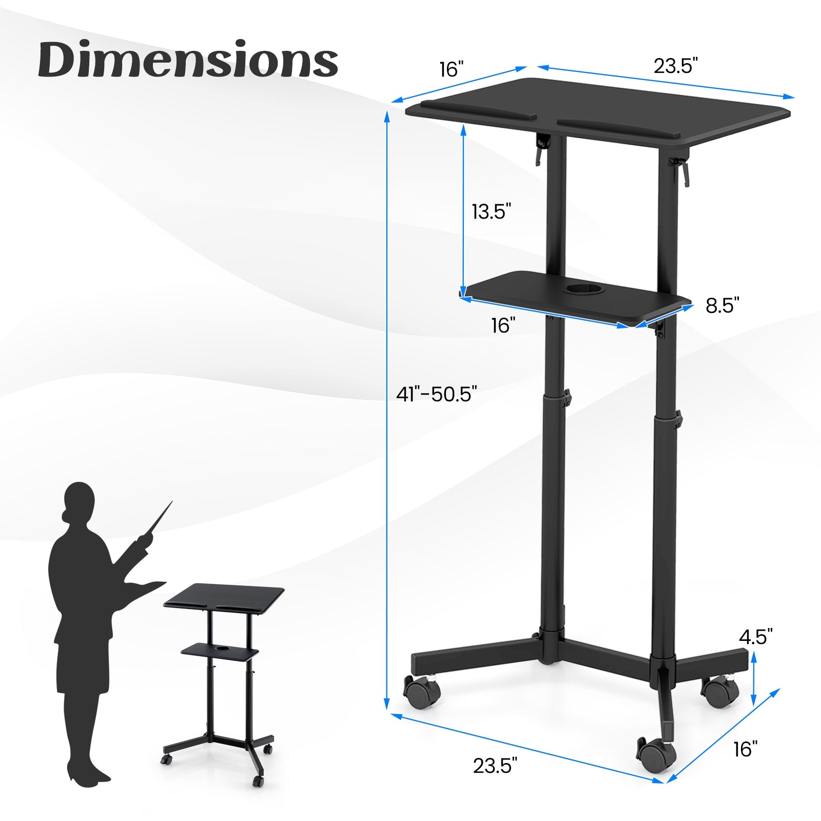 Mobile Lectern Podium Height-adjustable Rolling Laptop Cart with Tilting Top Storage Tray, Black Laptop Tables & Printer Stands   at Gallery Canada