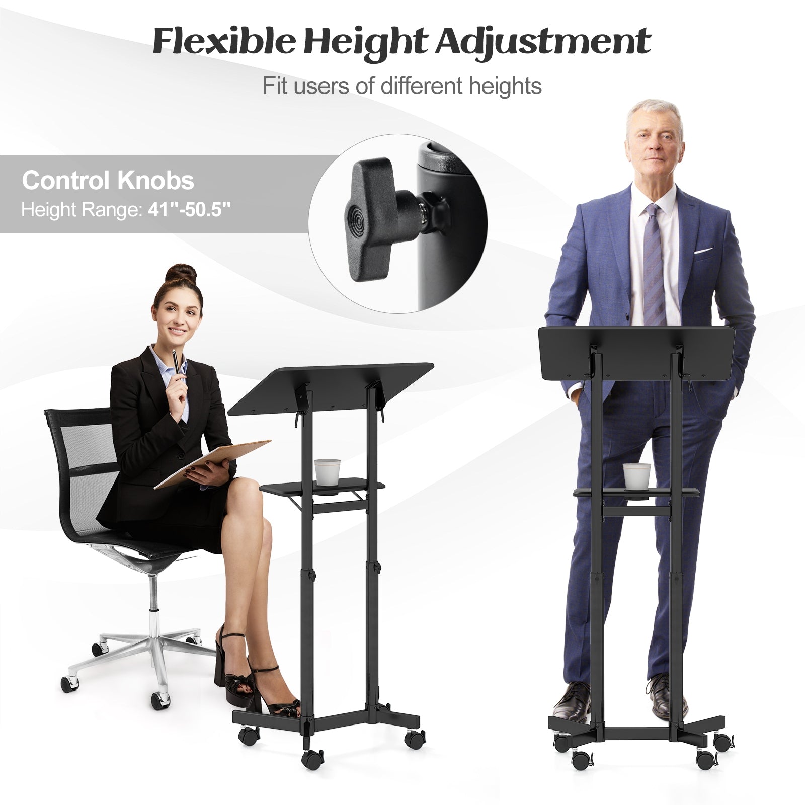 Mobile Lectern Podium Height-adjustable Rolling Laptop Cart with Tilting Top Storage Tray, Black Laptop Tables & Printer Stands   at Gallery Canada