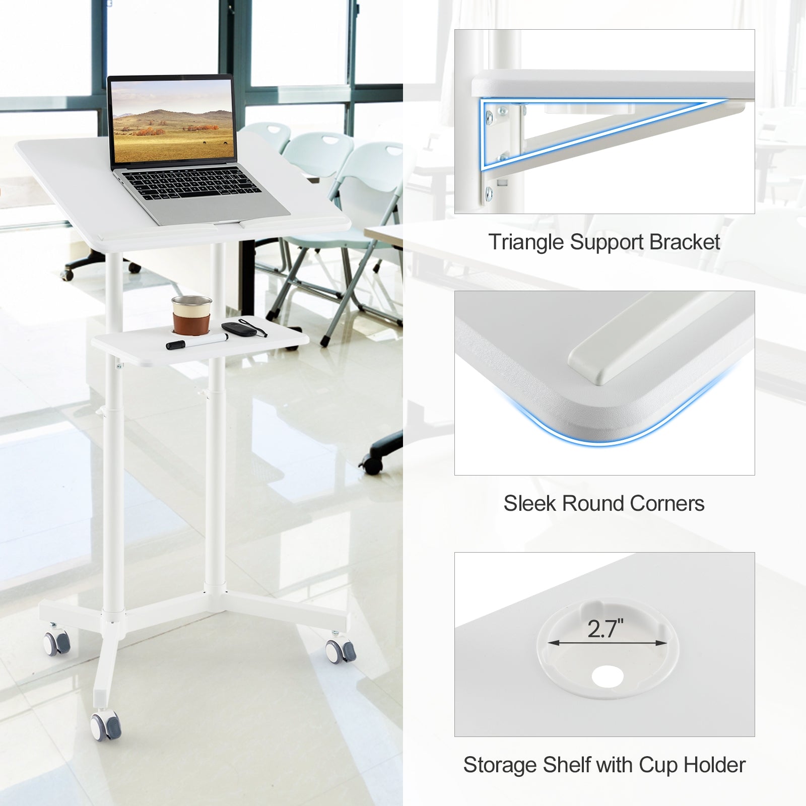 Mobile Lectern Podium Height-adjustable Rolling Laptop Cart with Tilting Top Storage Tray, White Laptop Tables & Printer Stands   at Gallery Canada