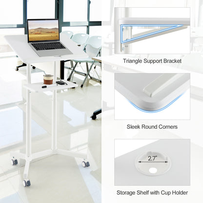 Mobile Lectern Podium Height-adjustable Rolling Laptop Cart with Tilting Top Storage Tray, White Laptop Tables & Printer Stands   at Gallery Canada