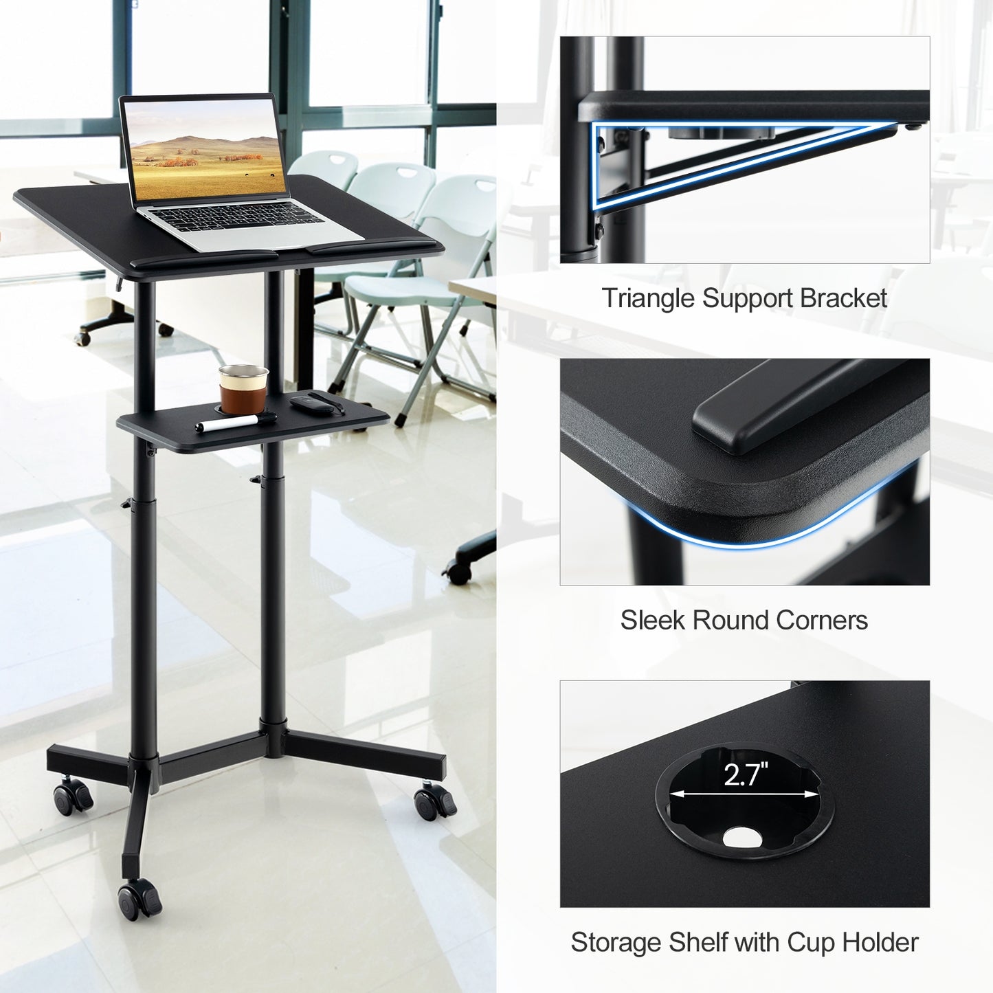 Mobile Lectern Podium Height-adjustable Rolling Laptop Cart with Tilting Top Storage Tray, Black Laptop Tables & Printer Stands   at Gallery Canada