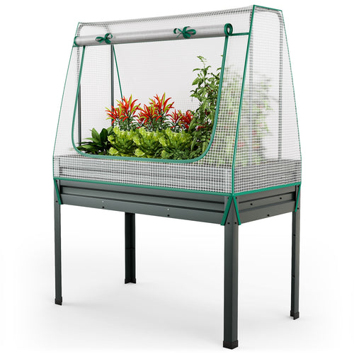 3-in-1 Raised Garden Bed with Greenhouse Cover and Trellis-Grey, Gray