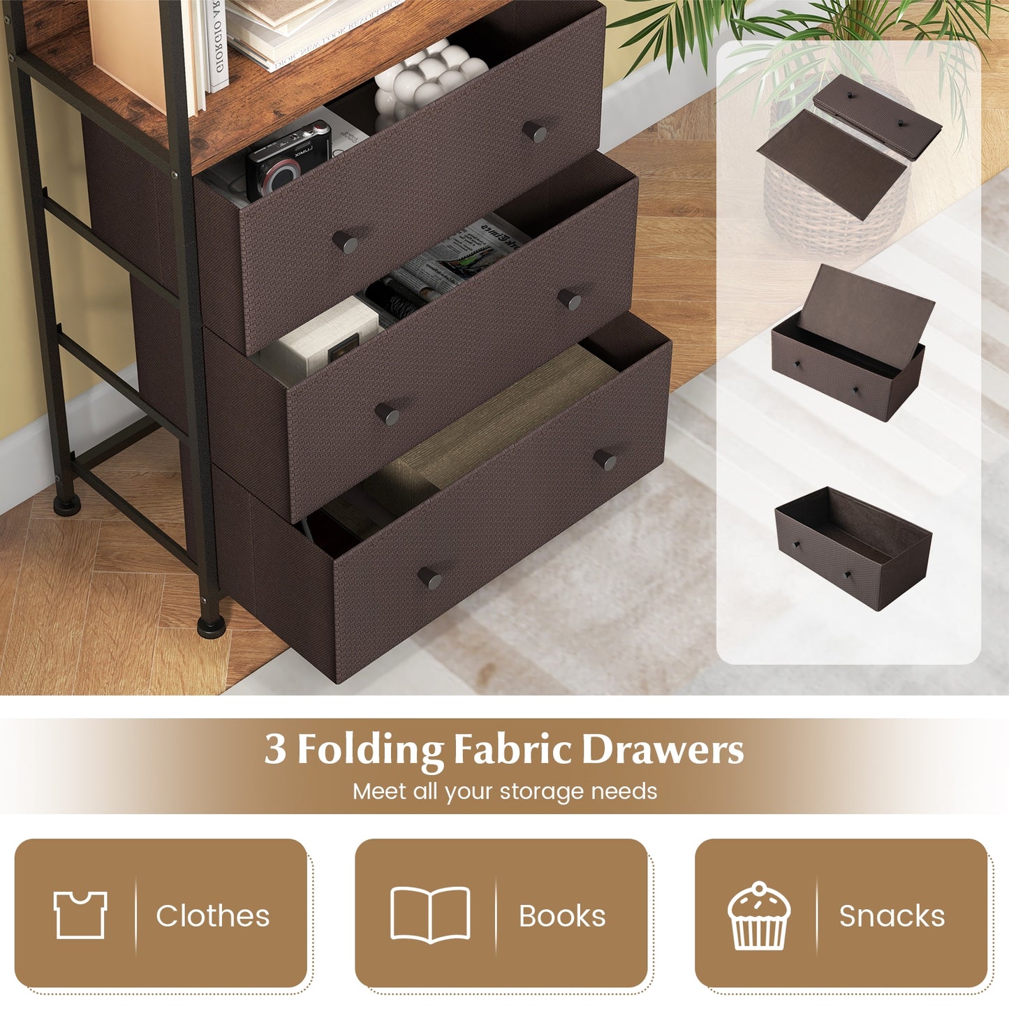 Chest of Fabric Drawer with 3 Folding Fabric Drawers and Anti-tipping Devices, Brown Cabinets & Chests   at Gallery Canada