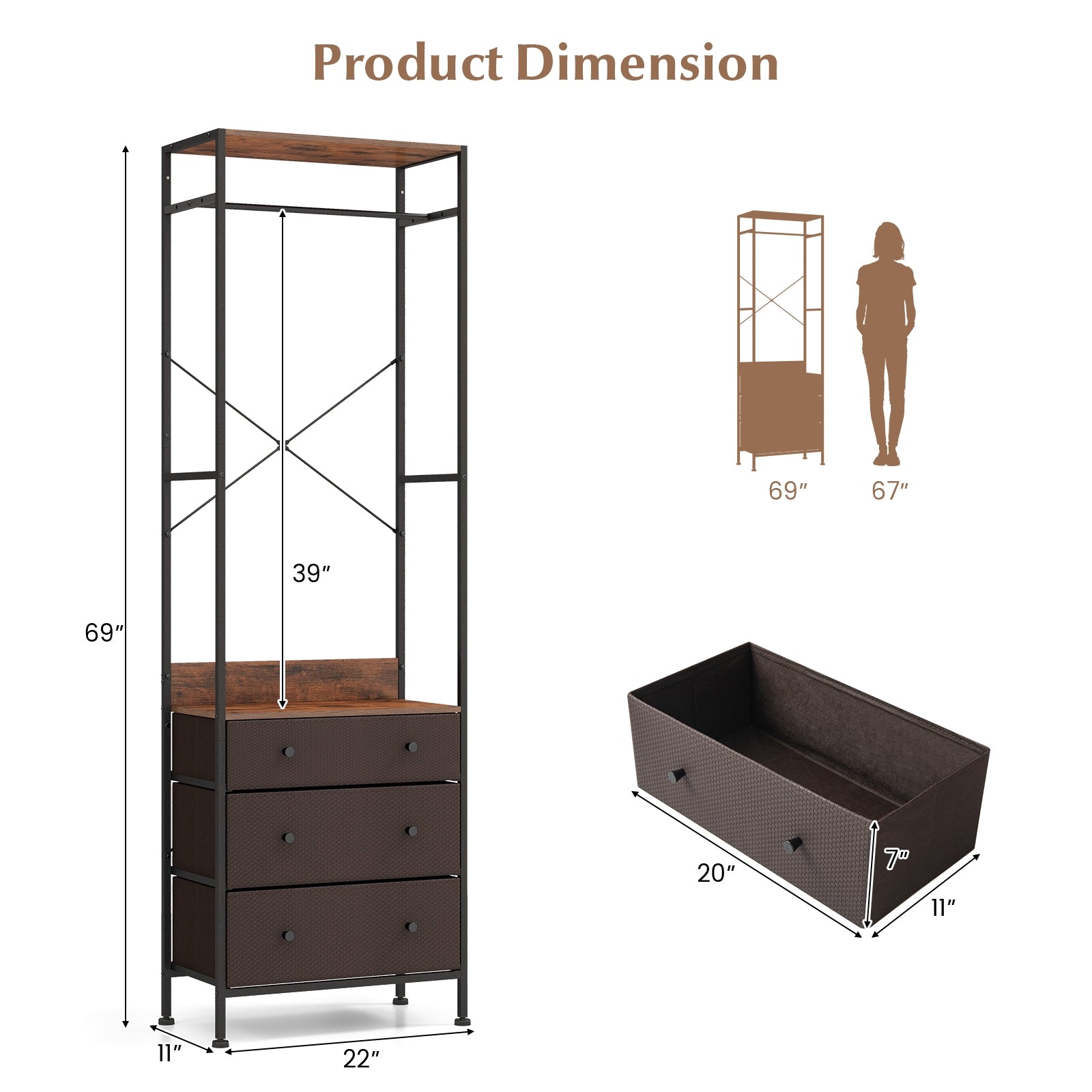 Freestanding Closet Organizer with 3-position Hanging Rod and Storage Shelves, Brown Cabinets & Chests   at Gallery Canada