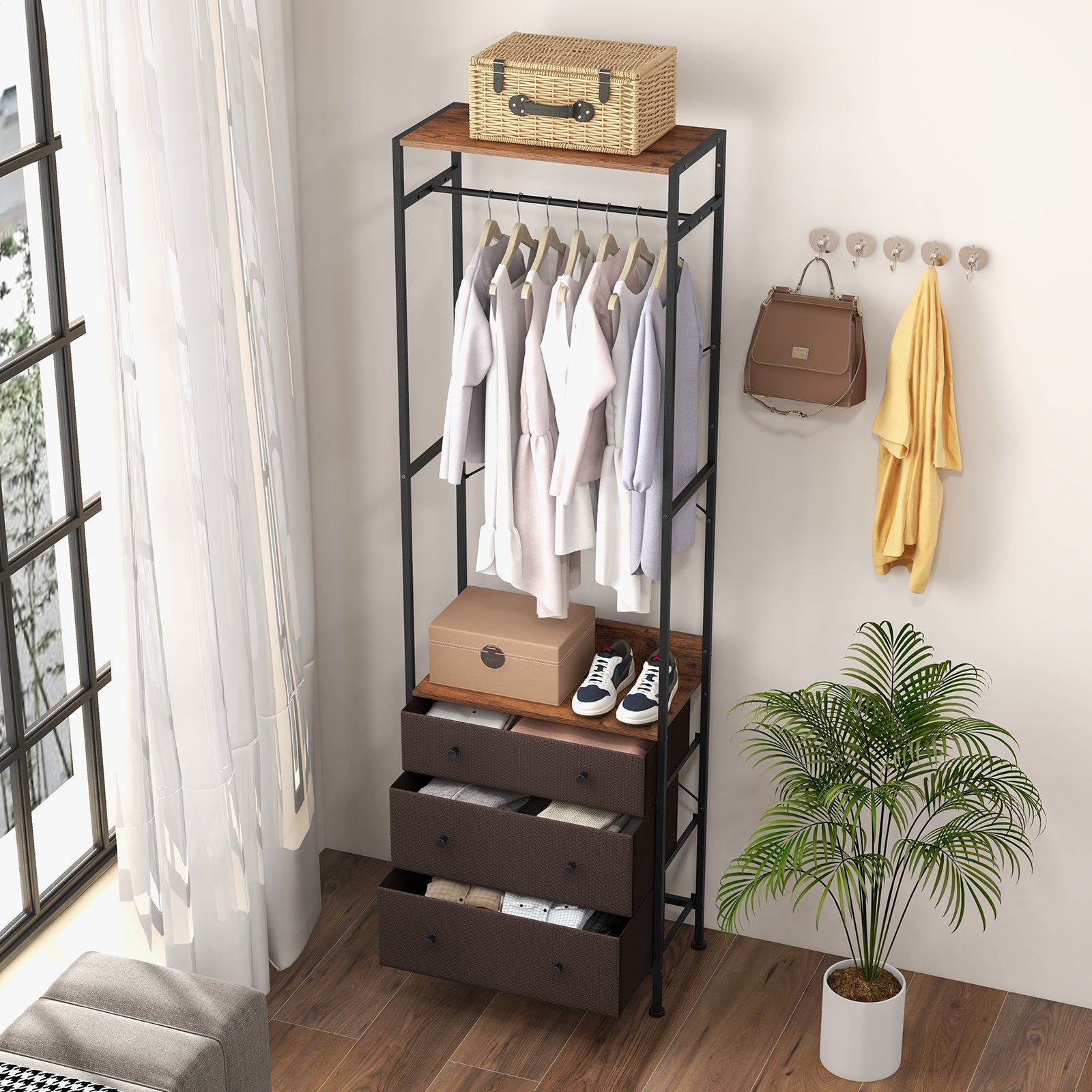 Freestanding Closet Organizer with 3-position Hanging Rod and Storage Shelves, Brown Cabinets & Chests   at Gallery Canada