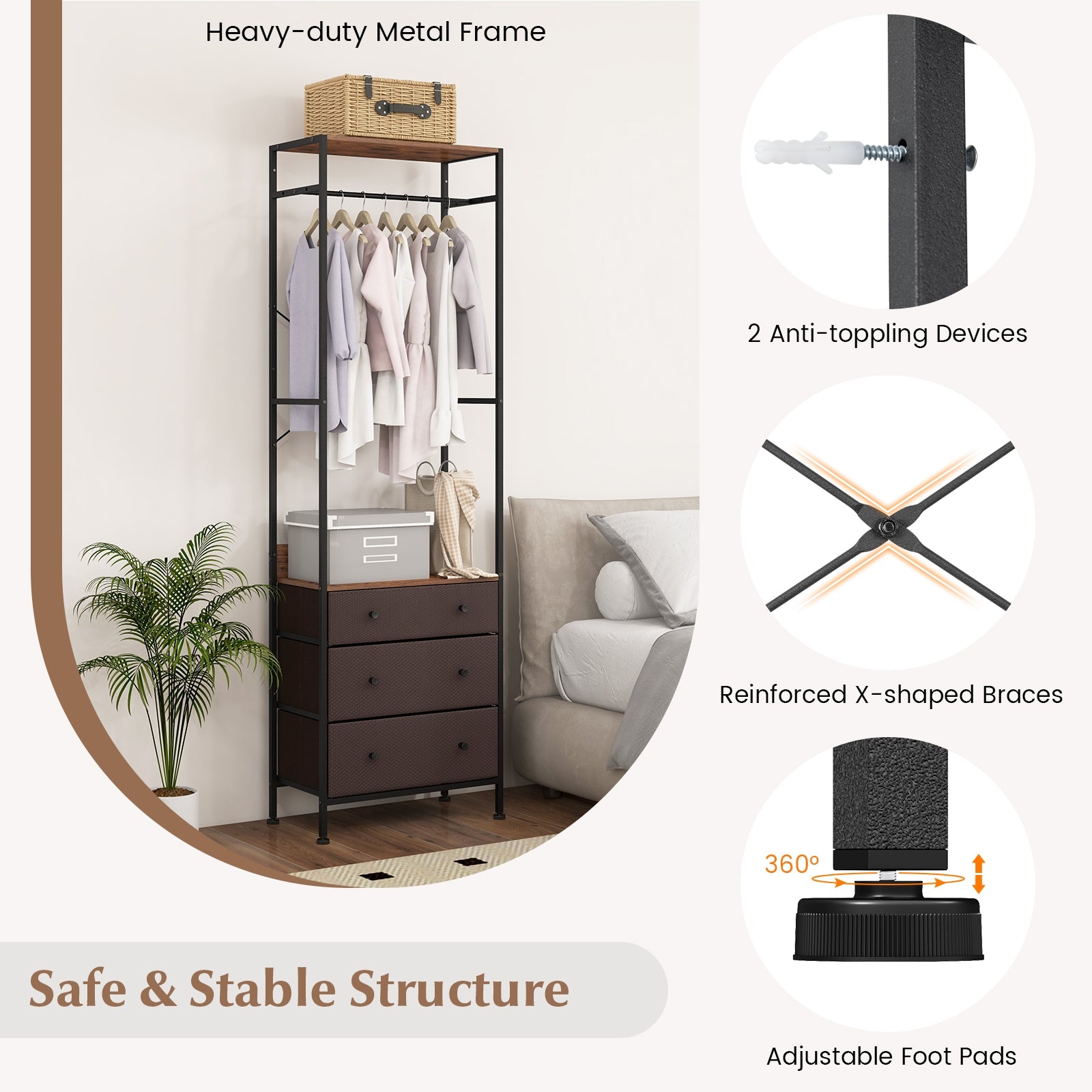 Freestanding Closet Organizer with 3-position Hanging Rod and Storage Shelves, Brown Cabinets & Chests   at Gallery Canada